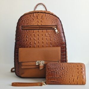 Faux Alligator Leather Dome Zip Top Backpack 5 Pockets Top Handle Amber Brown